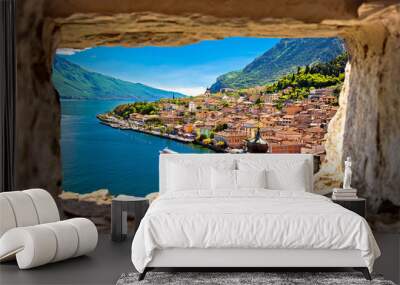 Limone sul Garda view through stone window from hill Wall mural