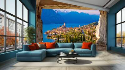 Malcesine and Lago di Garda aerial view through stone window Wall mural