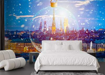 Stockholm skyline advent evening snow view through glass christmas ball bright light Wall mural