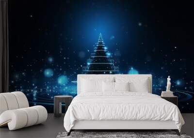 An abstract futuristic digital christmas tree with blue light bulbs on dark background. xmas technology concept, banner wallpaper Wall mural