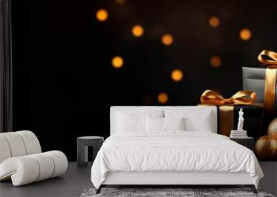 christmas background with gold decorations and gift boxes, Wall mural