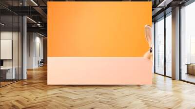 funny rabbit g peeping from behind a vibrant orange  block, easter bunny concept, horizontal wallpaper banner or card large copy space for text. Wall mural