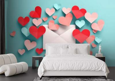 happy valentine's day paper hearts flying from an envelope on blue background, love letter, love, wedding and valentine card  Wall mural