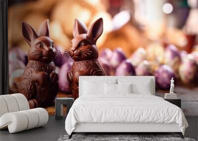 two traditional chocolate bunnies surrounded by a bunch of chocolate egg, copy space, background Wall mural