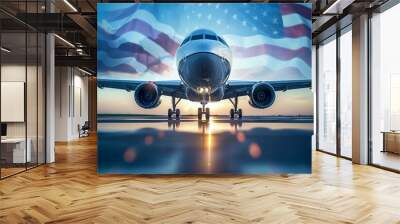 Airplane landing on runway at airport making travel flight, with usa united states of america flag abstract in background Wall mural