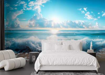 Beautiful panorama of splashing blue wave sky morning sand beach Wall mural