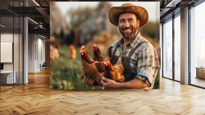 Chicken, farmer man in hat on livestock farm for sustainable, agriculture and environmental farming. Eco friendly, organic agro male with poultry animal for his industry business in the countryside Wall mural