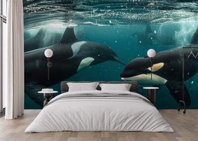 pod of killer whales underwater panoramic view panorama Wall mural