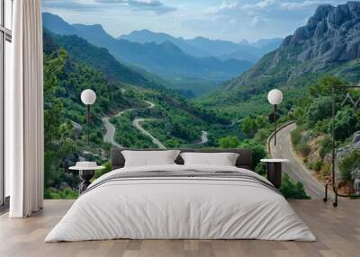 Sharp turn on a mountain road Serpentine. Car winding road in beautiful mountains. Wall mural