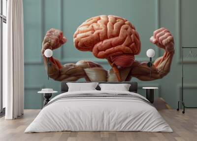 Strong human brain power concept erudite mind memory health. Gray matter neurons with developed inflated arms biceps abdominal press muscles, personifies an intelligent scientist. Wall mural