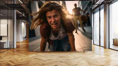 The girl fell on the asphalt, scared, got injured Wall mural