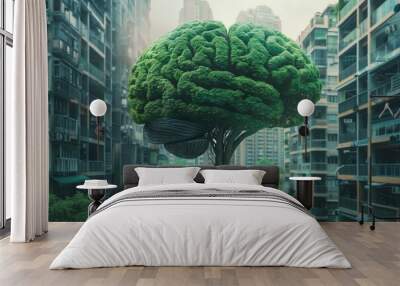 tree in the shape of a brain among the skyscapers Wall mural