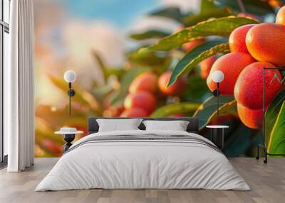 Tropical tree orange red mango fruit against the blue sky and bright sun panorama wide view Wall mural