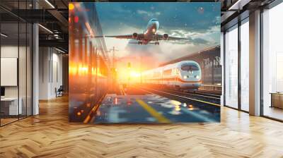 View railway track and suburban electric train rushing to the departure area airfield. Passenger plane flying in sky, landing at airport. Concept of modern infrastructure transport travel. Wall mural