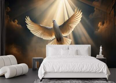 white dove of peace flies out from dark clouds with rays of light Wall mural