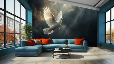 white dove of peace flies out from dark clouds with rays of light Wall mural