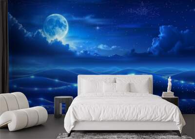 Luminous moonlit night sky over glowing digital waves.. Wall mural