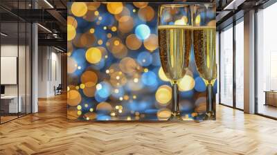 Two champagne glasses with golden bubbles and festive bokeh lights.. Wall mural