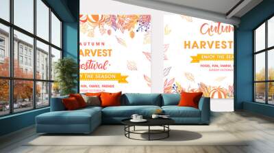 Autumn seasonals postes with leaves and floral elements in fall colors.Greetings and harvest fest banners perfect for prints,flyers,banners,invitations.Trendy fall designs.Vector autumn illustrations Wall mural