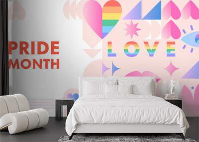 Pride month banner template.LGBTQ+ community vector layout in bauhaus style with geometric elements and rainbow lgbt symbols.Human rights movement concept.Gay parade.Colorful cover design. Wall mural