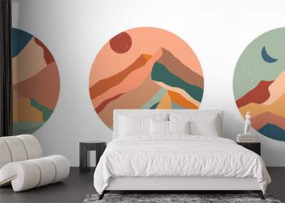 Set of creative abstract mountain landscape and mountain range round icons.Trendy templates for stories.Mid century modern vector illustrations with hand drawn mountains,sea or desert,sky,sun,moon. Wall mural