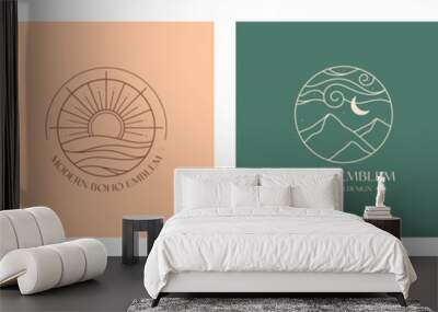 Set of vector linear boho emblems.Bohemian logo designs with sea or lake,sun,mountains,aurora lights and moon.Modern travel icons or symbols in trendy minimalist style.Branding design templates. Wall mural