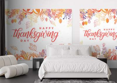 Thanksgiving postes with leaves and floral elements in fall colors.Greetings cards perfect for prints; flyers; banners; invitations.Trendy fall designs.Vector autumn illustrations Wall mural