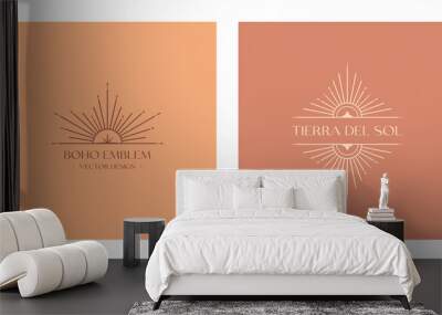 Vector bohemian logos with sun and sunburst.Boho linear icons or symbols in trendy minimal style.Modern celestial emblems.Branding design templates.Letters with Tierra del Sol means The Land of Sun Wall mural