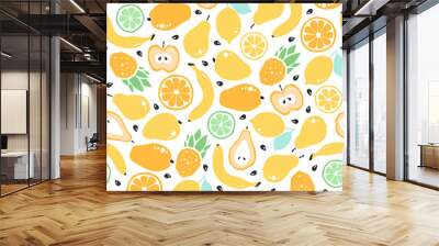 Seamless pattern with fruits and seeds. Pineapple, mango, banana, apple, pear, orange, lemon, lime. Vegetarian healthy food. Background for fabrics, wrapping paper, various surfaces.  Wall mural