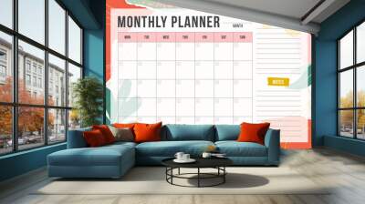 Floral monthly planning template with pieces of torn paper, flower and chalk line. Blank monthly planner with notes in pastel colors. Simple stylish organizer design. Vector illustration Wall mural