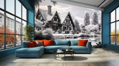 A photo of a Serene Cottage in Black and White Wall mural