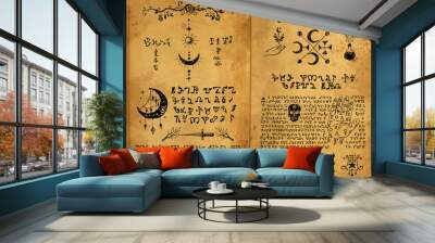 digital illustration hand drawn. witchcraft old book with magic spell, wicca and mystic symbols. vin Wall mural