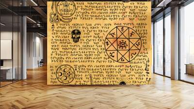 Digital Illustration hand drawn. Witchcraft old book with magic spell, wicca and mystic symbols. Vintage Gothic, esoteric and occult old pages, with fantasy letters. Ritual magic Pentagram sigil. Wall mural