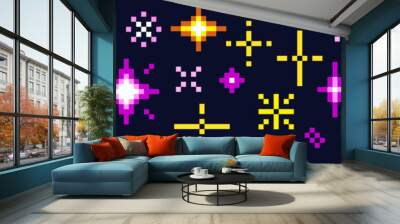 pixel art of Star icons. Twinkling stars. Sparkles, shining burst. Bengal fire. Burning shiny sparkler firework. retro game 8 bit 16 bit Wall mural