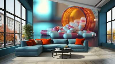 An orange medicine bottle was opened, with white and pink pills scattered on the table against a blue background Wall mural