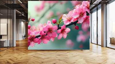 A close-up of vibrant pink flowers blooming on a branch. Wall mural