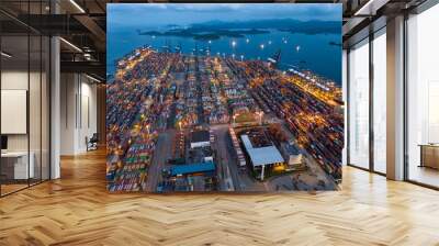 Aerial view of Yantian international container terminal at night in Shenzhen city, China Wall mural