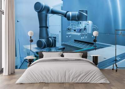 Automation of machine assembly of computer circuit board with robot arm,Smart factory industry 4.0 concept. Wall mural