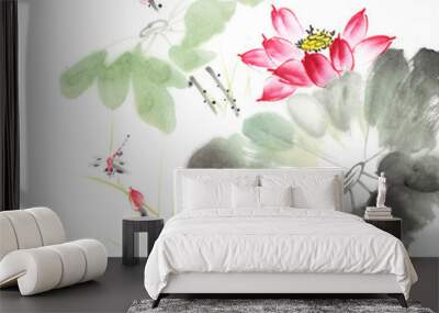 Chinese painting of a Lotus with dragonfly Wall mural