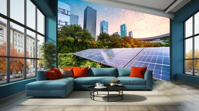 Ecological energy renewable solar panel plant with urban landscape landmarks Wall mural