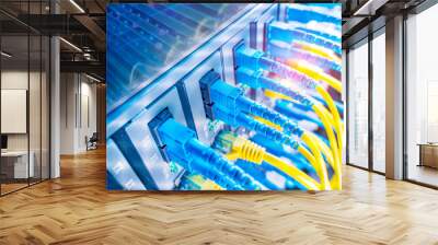 Fiber Optic cables connected to optic ports and UTP, Network cables connected to ethernet ports. Wall mural