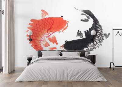 Red and black koi carps hand drawn in traditional style Wall mural