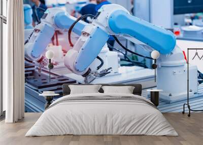 robotic arm catch for electronic assembly line. The robot for smart technology manufacturing process. Wall mural