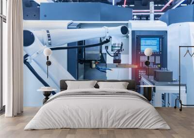 robotic arm catch for electronic assembly line. The robot for smart technology manufacturing process Wall mural