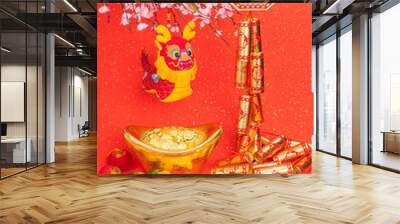 Tradition Chinese cloth doll,Chinese wording on coin meanings:Wishing you prosperity and wealth.word on firecracker Translation good luck for new year. Wall mural