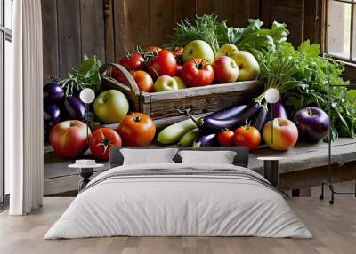 A still life of freshly picked fruits and vegetables arranged on a rustic wooden table, with bright, natural lighting highlighting the textures and colors of the produce Wall mural