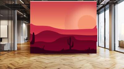 Vector illustration of beautiful hot desert landscape, hills, bright red sky with cactus trees Wall mural