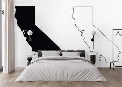 California CA state Map USA. Black silhouette and outline isolated maps on a white background. EPS Vector Wall mural