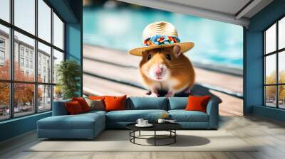 A hamster in a straw hat by pool against the backdrop of a tropical resort enjoys his vacation. Funny animal, online game hero, businessman on vacation Wall mural