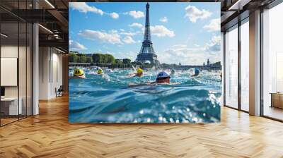 Athletes swimmers in the blue water of an open reservoir against the backdrop of Eiffel Tower, water splashing around Wall mural